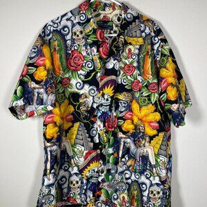 Moon dog Men's Day of the Dead Skull Button-up Short Sleeve Shirt 3XL!